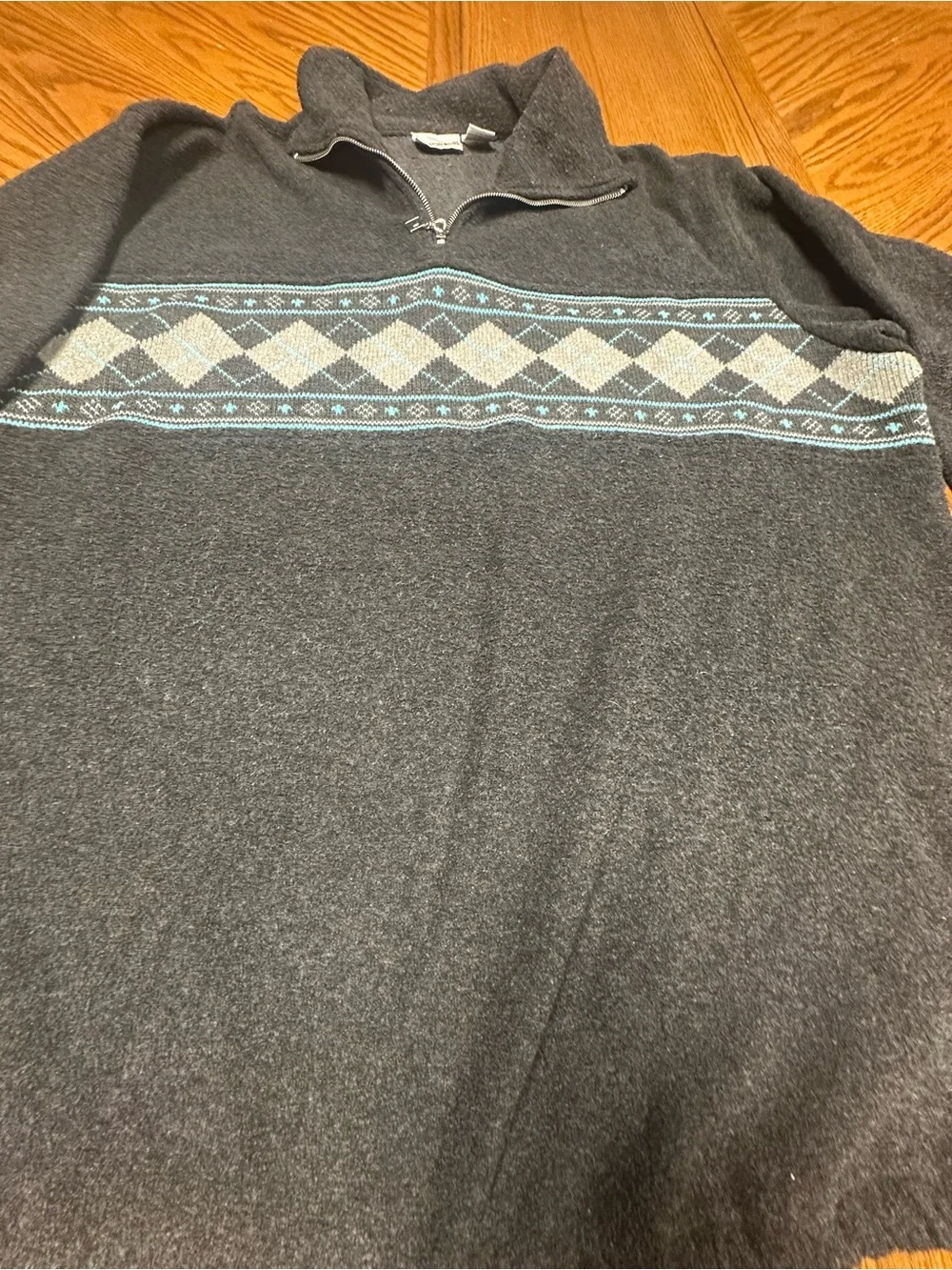 Fashion Bug Women’s Charcoal Zip-Up Sweater with Blue & Cream Argyle Band